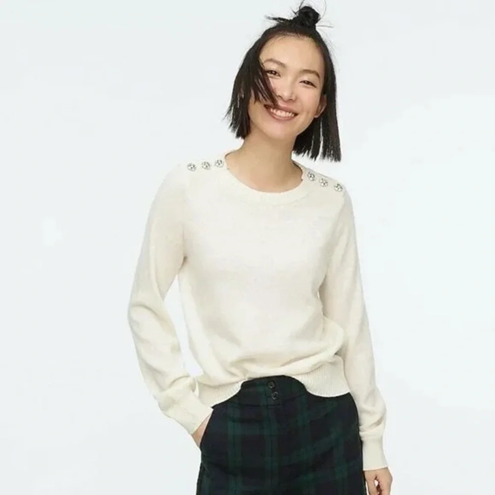 NEW J.Crew Lambswool Crewneck Sweater Jeweled Button
